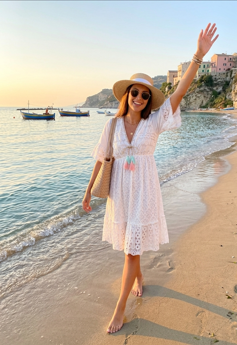 👗 Robe de Plage Bohème en Dentelle Blanche - Style Italien