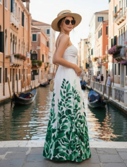Robe longue estivale à motifs feuillages – Élégante et légère