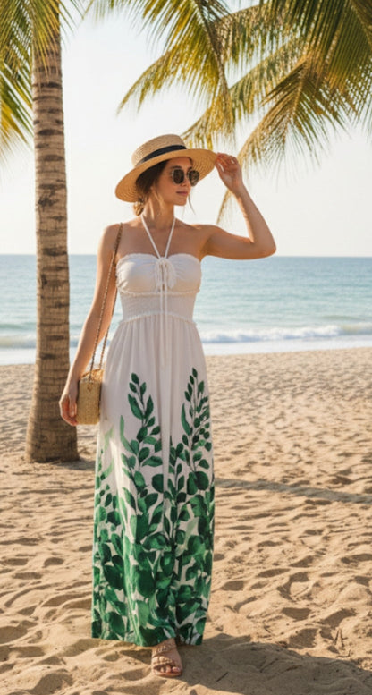 Robe longue estivale à motifs feuillages – Élégante et légère