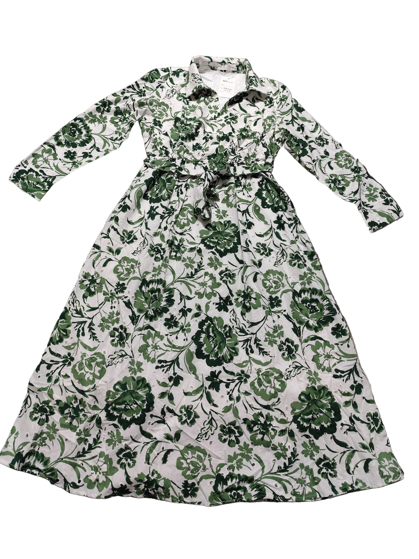 Robe Longue Fleurie en Viscose – Imprimé Floral Vert & Blanc(yL-A636-1)