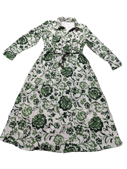 Robe Longue Fleurie en Viscose – Imprimé Floral Vert & Blanc(yL-A636-1)