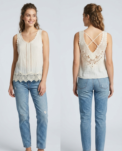 Top Bohème en Coton Gaufré – Détails Dentelle & Dos Croisé