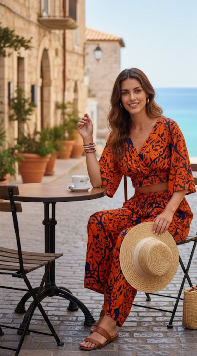 Ensemble estival bohème : Crop-top manches évasées et pantalon large