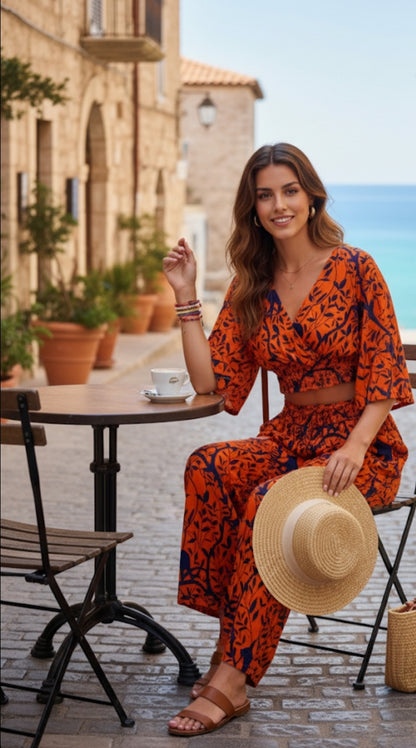 Ensemble estival bohème : Crop-top manches évasées et pantalon large