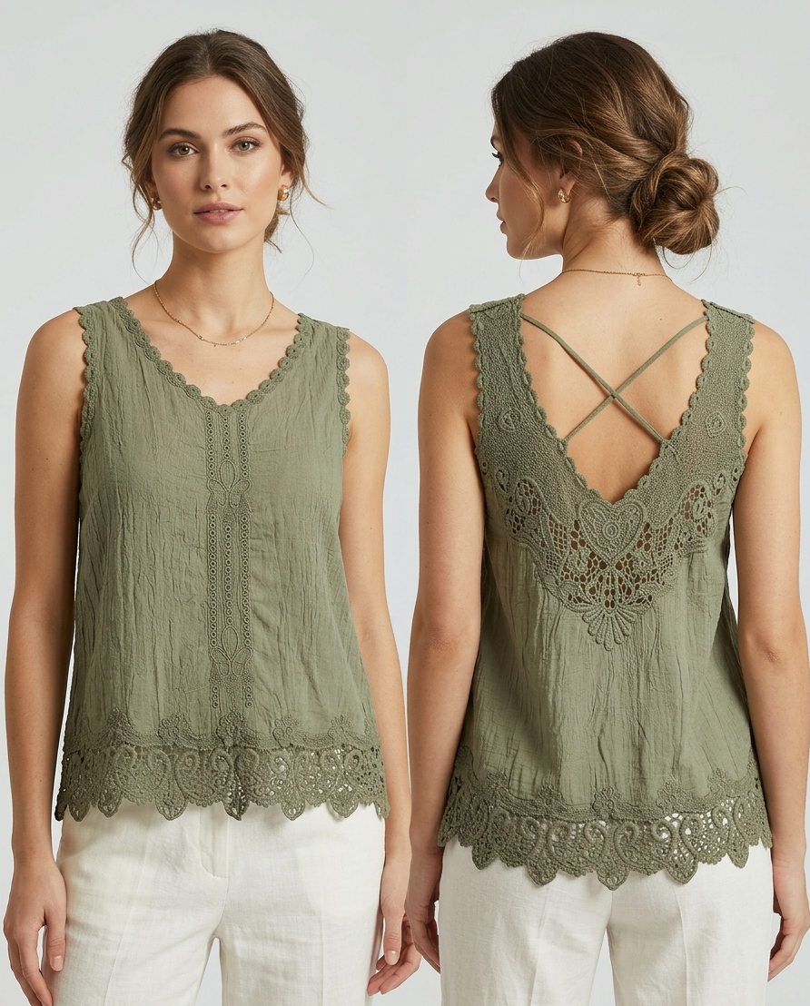 Top Bohème en Coton Gaufré – Détails Dentelle & Dos Croisé