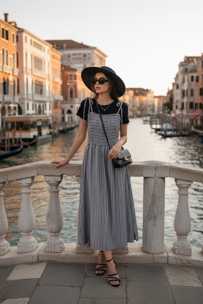 Ensemble 2-en-1 : Robe Longue à Rayures & T-shirt Blanc/noir