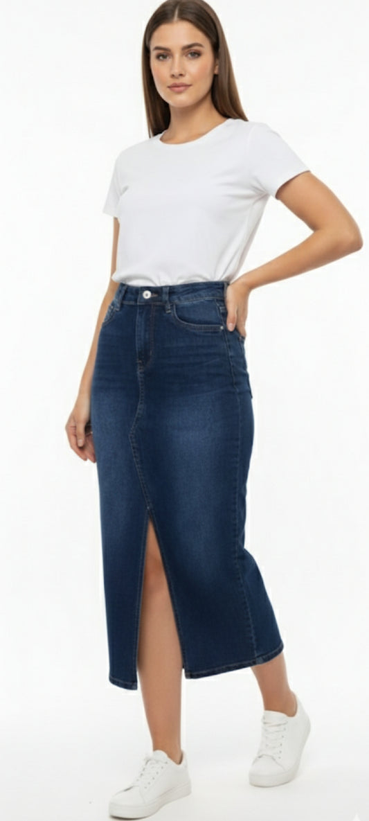 Jupe Longue en Jean Denim Brut - Coupe Droite avec Fente