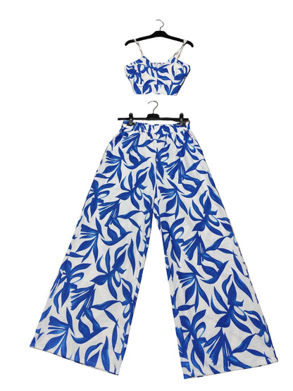Ensemble Estival Chic – Top Crop & Pantalon Fluide – Imprimé Feuillage