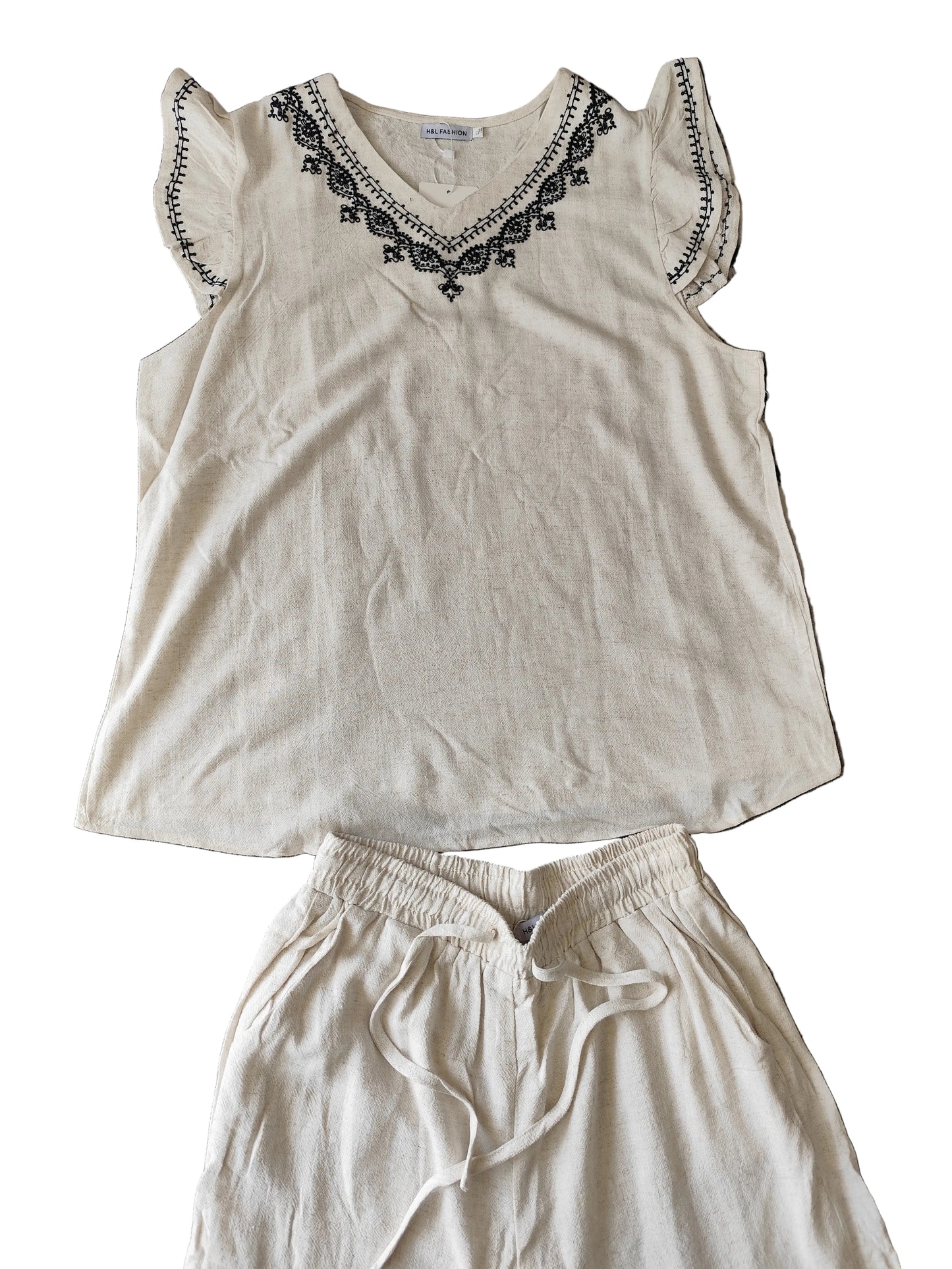 Ensemble d'Été 2 Pièces en Lin & Coton avec Broderies
