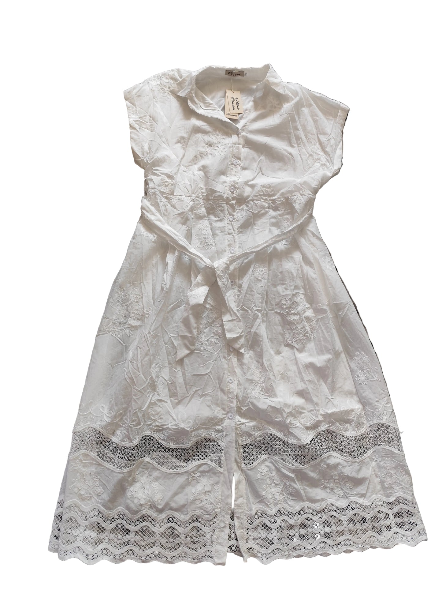 Robe Longue de Été en Coton Brodé – Blancheur Éclatante & Dentelle Romantique"(RD-8093)"