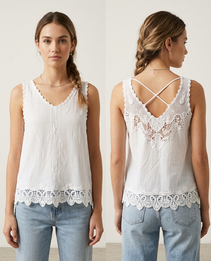 Top Bohème en Coton Gaufré – Détails Dentelle & Dos Croisé