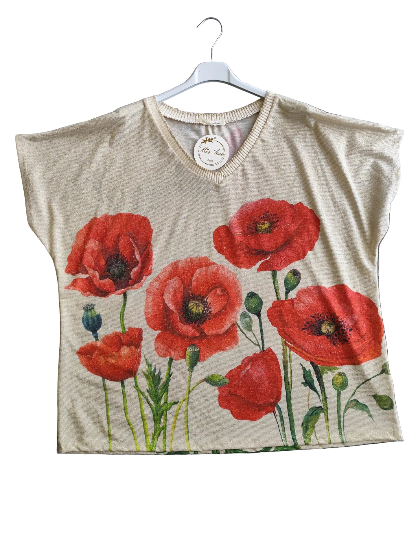 T-shirt Fluide "Coquelicots" – Maille Légère & Chic Méditerranéen, fabrique en Italie