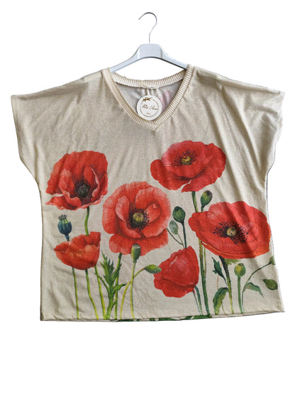 T-shirt Fluide "Coquelicots" – Maille Légère & Chic Méditerranéen, fabrique en Italie
