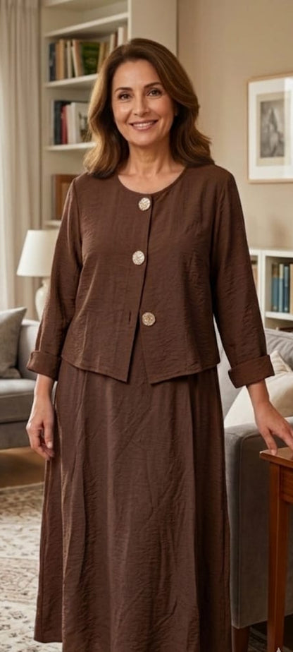 Ensemble Élégant 2 Pièces : Robe Longue Sans Manches et Veste Boutonnée