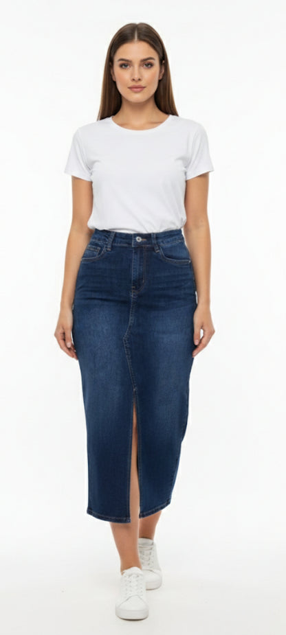 Jupe Longue en Jean Denim Brut - Coupe Droite avec Fente