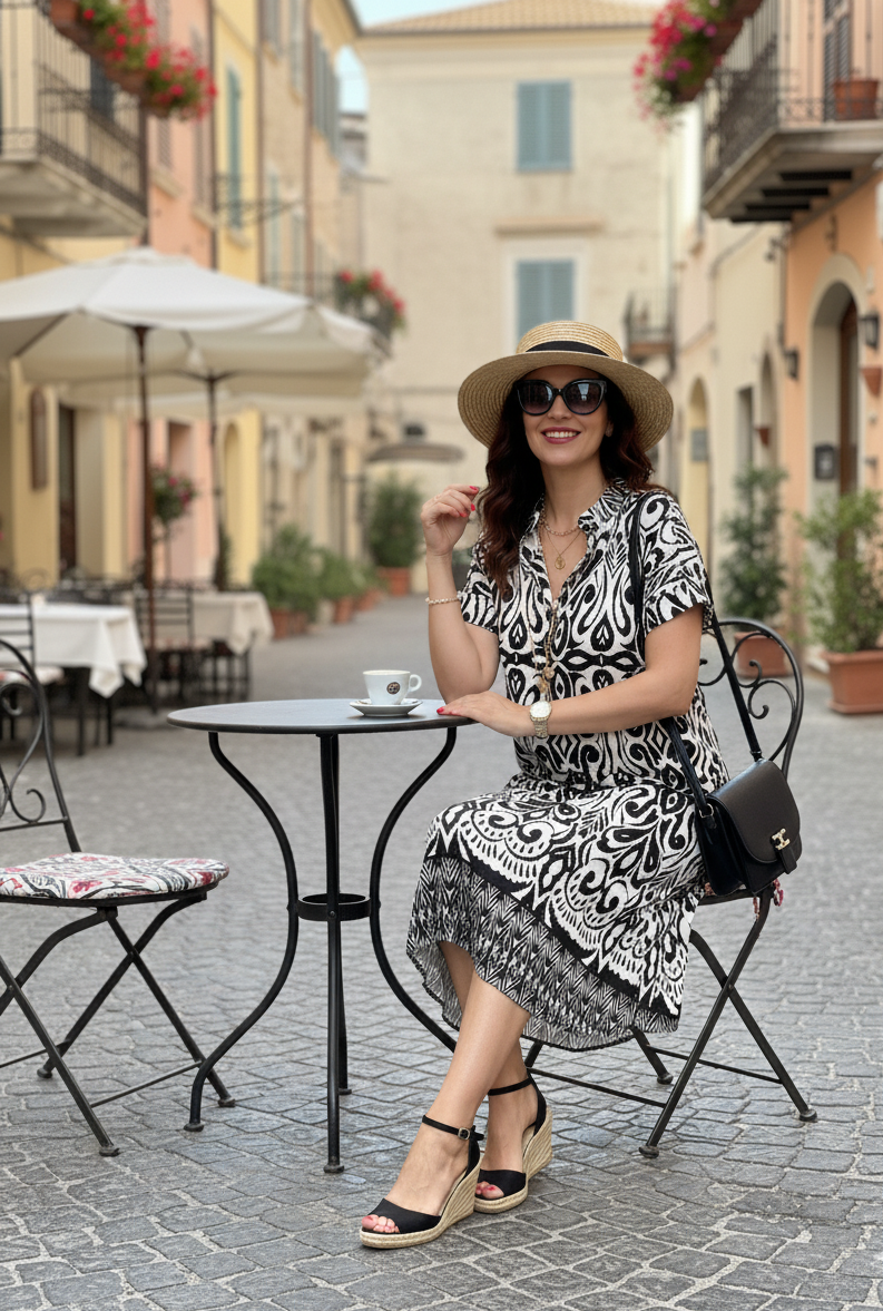 Robe chemise fluide motif graphique noir et blanc – Style chic & bohème