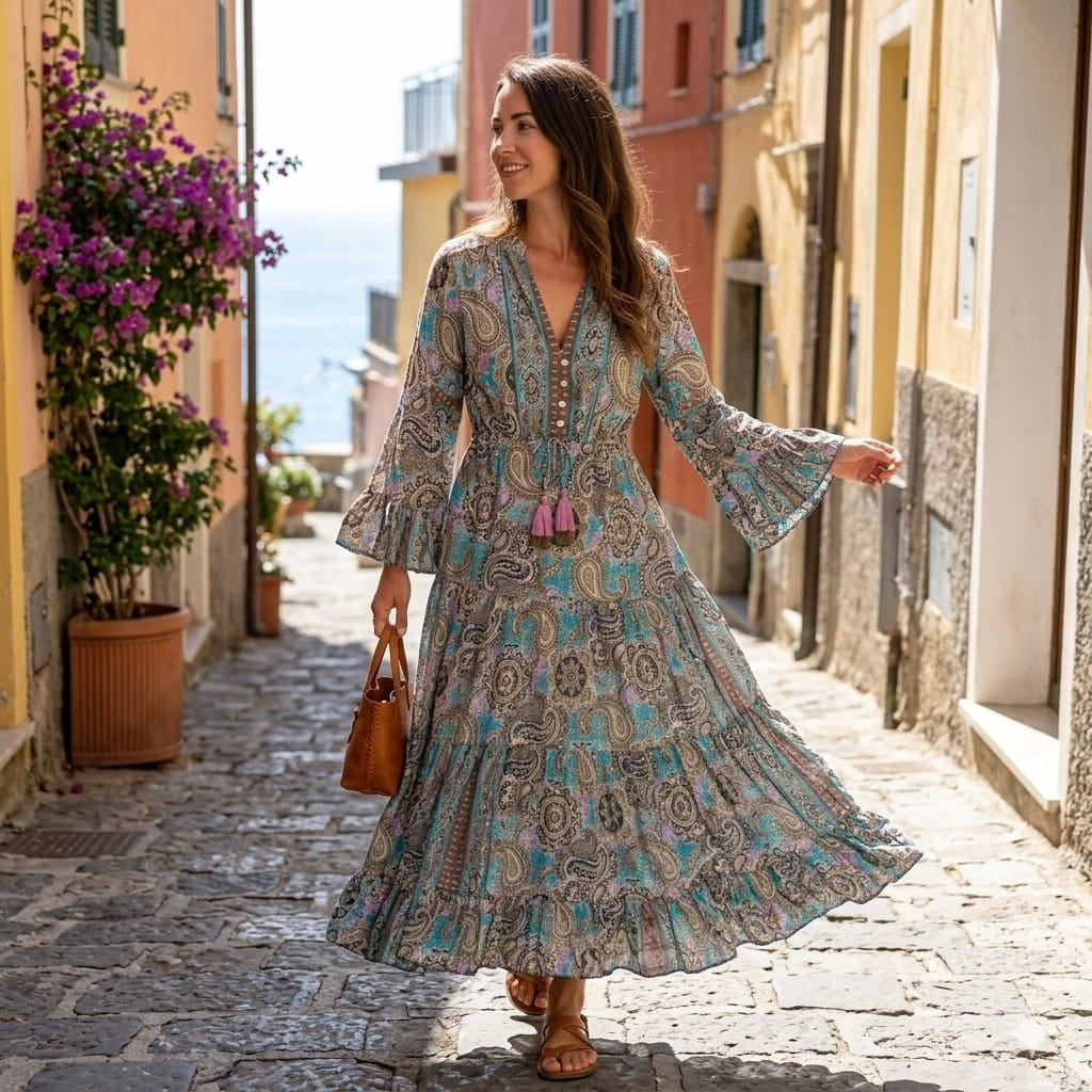 🌸 Magnifique Robe Longue Style Bohème(SOIE ARTIFICIELLE)