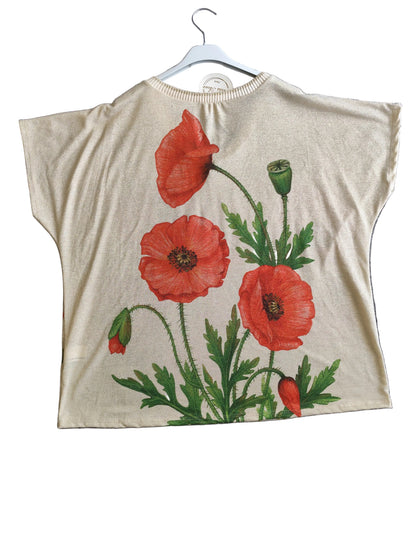 T-shirt Fluide "Coquelicots" – Maille Légère & Chic Méditerranéen, fabrique en Italie