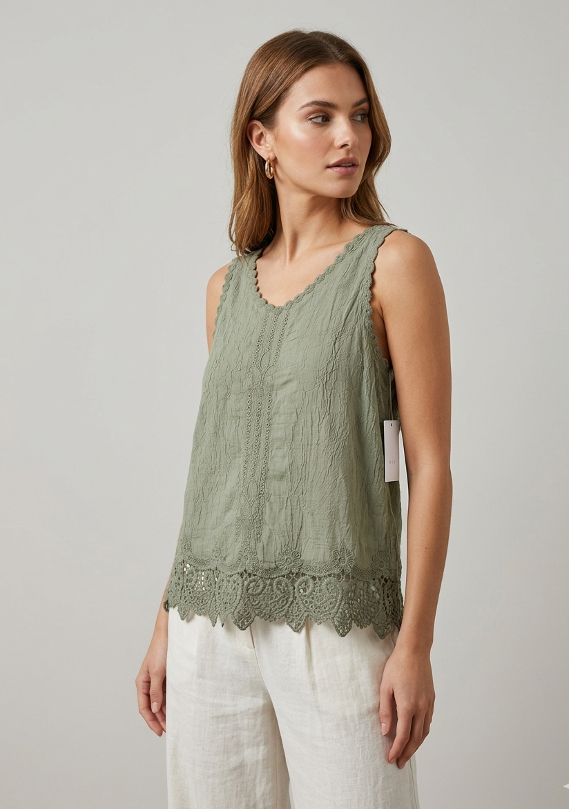 Top Bohème en Coton Gaufré – Détails Dentelle & Dos Croisé
