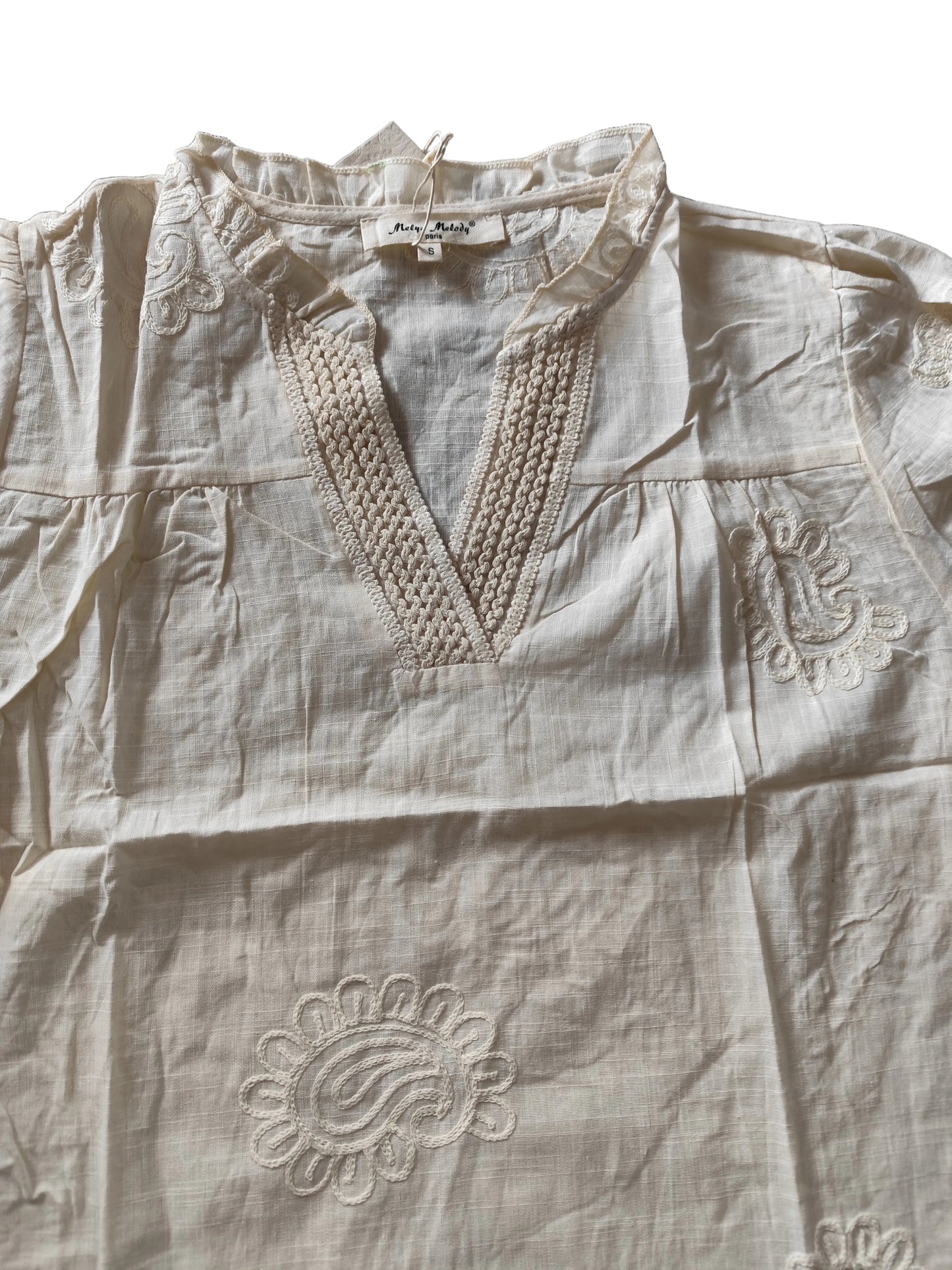 Blouse Bohème Chic en Coton & Lin – Écru"(H9955)